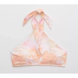 Aerie Women Size Medium Crossover Keyhole Halter Bikini Top Peach Pink Tie Dye